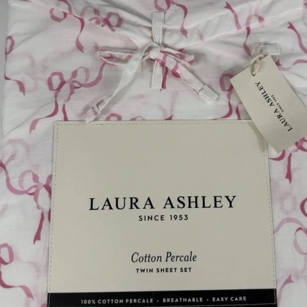 Laura Ashley ~ TWIN Pink Trailing Bows  100% Cotton Percale Breathable 3pc Set - Picture 3 of 6